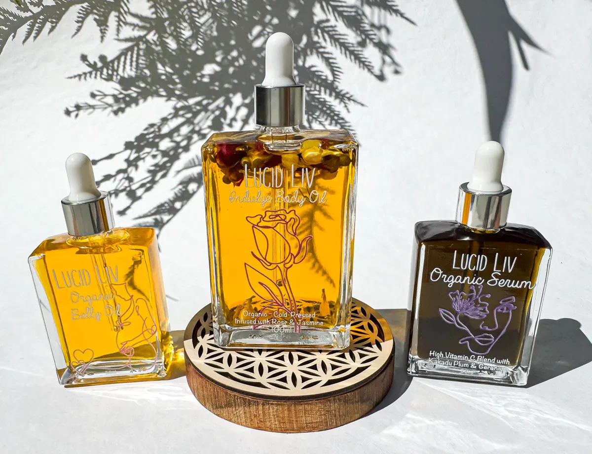 Lucid Liv organic belly oil, indulge body oil and organic serum
